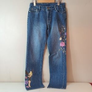 Disney Straight Leg Jeans with Floral Embroidery and Tinkerbell Pic